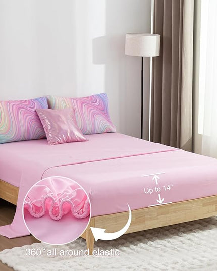 Btargot Super Soft 6 Pieces Gradient Wavy Line Comforter Set, Colorful Glitter Rainbow Star Pattern Bedding Set for Boys Girls Teens, Queen Pink Green - LeafyLoom