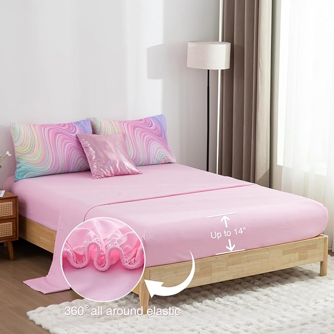 Btargot Super Soft 6 Pieces Gradient Wavy Line Comforter Set, Colorful Glitter Rainbow Star Pattern Bedding Set for Boys Girls Teens, Queen Pink Green - LeafyLoom