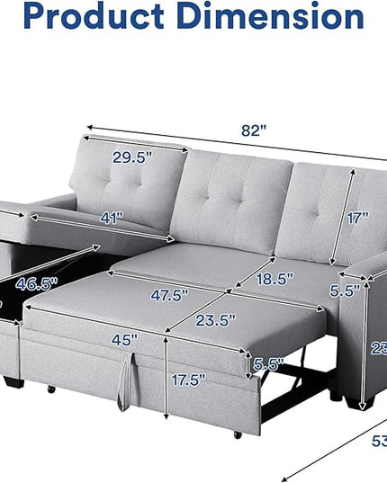 4-in-1 Convertible L Shaped Couch with Pull Out Bed and Storage Sectional Sleeper Sofa with Reversible Chaise for Living Room, Apartment, Bedroom, Office, Silver - LeafyLoom