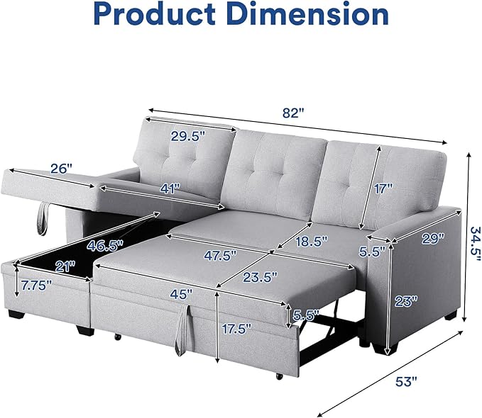 4-in-1 Convertible L Shaped Couch with Pull Out Bed and Storage Sectional Sleeper Sofa with Reversible Chaise for Living Room, Apartment, Bedroom, Office, Silver - LeafyLoom