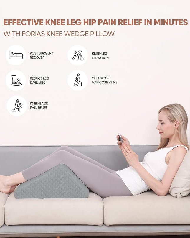 Forias Knee Wedge Pillow for Legs 8" Pure Memory Foam Bed Wedge Pillow for Sleeping After Surgery Triangle Pillow Wedge for Knee Support Leg Elevation Sciatica Knee Hip Back Pain Relief - Gray - LeafyLoom