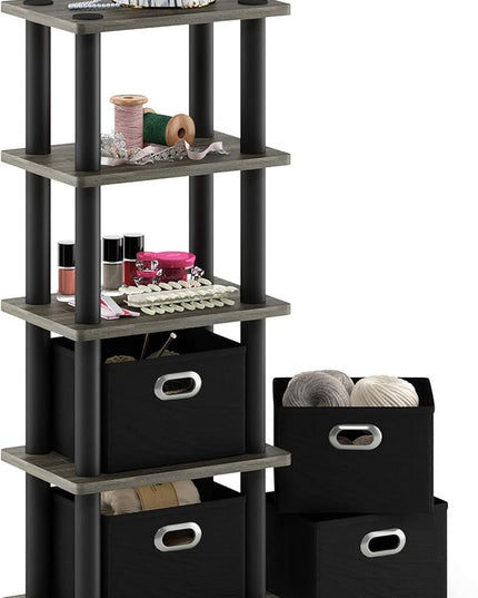 FURINNO Turn-N-Tube LACi 4-Bins System Rack, French Oak Grey/Black - LeafyLoom
