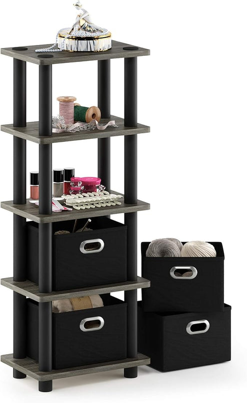 FURINNO Turn-N-Tube LACi 4-Bins System Rack, French Oak Grey/Black - LeafyLoom