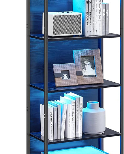 VASAGLE 6-Tier LED Bookshelf, Display Shelf with Dimmable Lights, LED Bookcase with Steel Frame, 11.9 x 23.6 x 70.3 Inches, for Living Room, Bedroom, Office, Black with Wood Grain ULLS120B56 - LeafyLoom