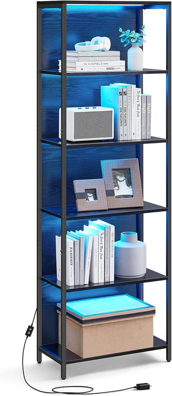 VASAGLE 6-Tier LED Bookshelf, Display Shelf with Dimmable Lights, LED Bookcase with Steel Frame, 11.9 x 23.6 x 70.3 Inches, for Living Room, Bedroom, Office, Black with Wood Grain ULLS120B56 - LeafyLoom