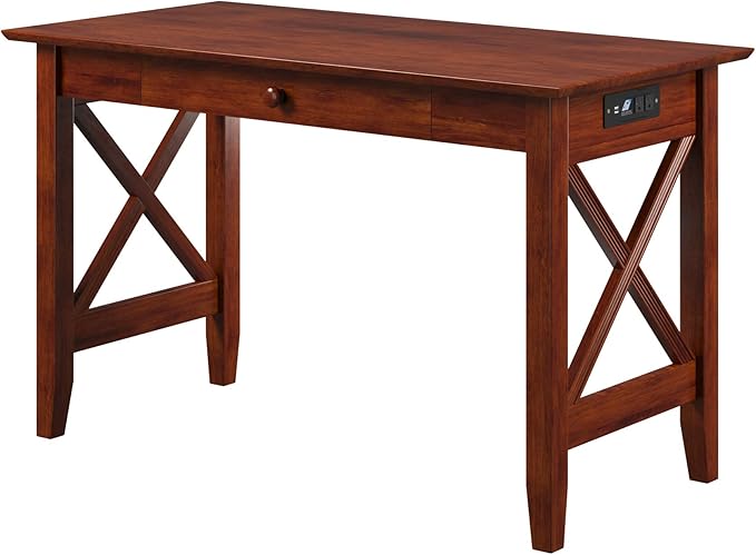 AFI 48" Solid Wood Writing Desk - Sturdy X Design - Home Office Desk with Drawer, Laptop Computer Work Study Table with USB Charger Walnut - LeafyLoom