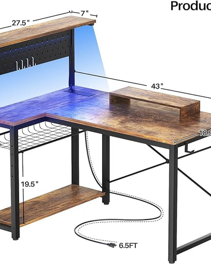 Homieasy Small Gaming Desk with Power Outlets Pegboard LED Light, 43 Inch L Shaped Computer Desk with Monitor Stand Storage Shelves, Reversible Corner Desk with Headset Hooks, Rustic Brown - LeafyLoom