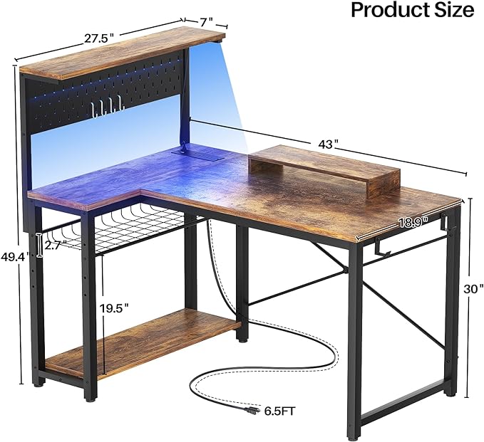 Homieasy Small Gaming Desk with Power Outlets Pegboard LED Light, 43 Inch L Shaped Computer Desk with Monitor Stand Storage Shelves, Reversible Corner Desk with Headset Hooks, Rustic Brown - LeafyLoom