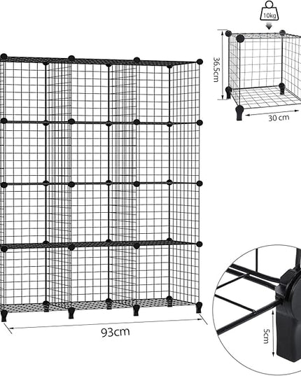 Wolizom Wire Cube Storage, Metal Grids Shelves Bookshelf, Stackable Modular Shelving Organizer, DIY Closet Bookcase Bookshelf, Grid Storage Shelf for Bedroom, Living Room, Office (Black, 12 Cube) - LeafyLoom