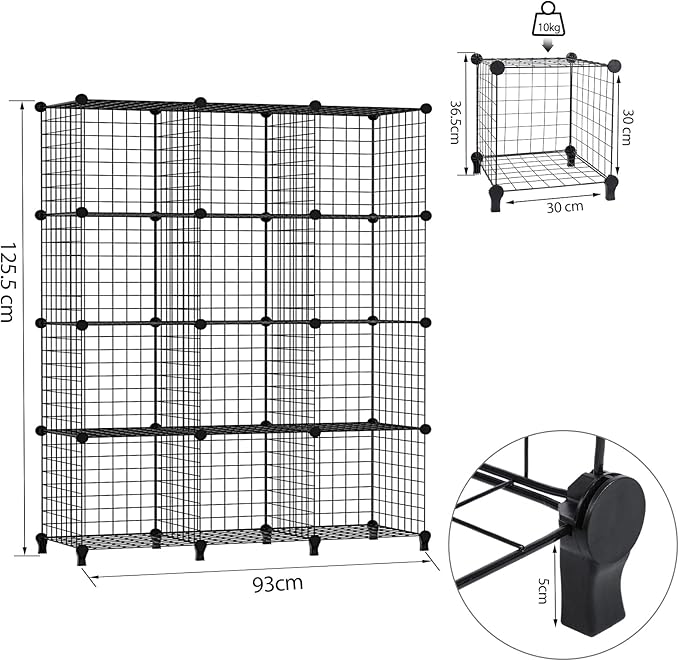 Wolizom Wire Cube Storage, Metal Grids Shelves Bookshelf, Stackable Modular Shelving Organizer, DIY Closet Bookcase Bookshelf, Grid Storage Shelf for Bedroom, Living Room, Office (Black, 12 Cube) - LeafyLoom