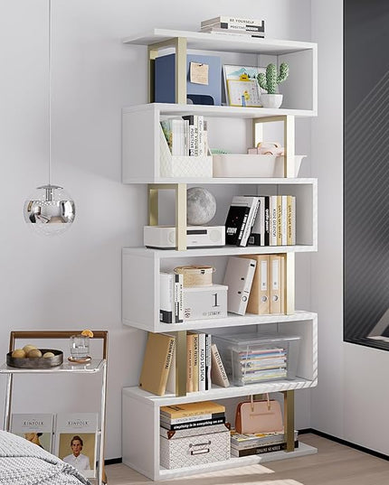 Bookshelf geometric bookcase S Shaped industrial bookshelf Storage Display Stand Shelf for Living Room Bedroom and office Room (White, 6 Tier) - LeafyLoom