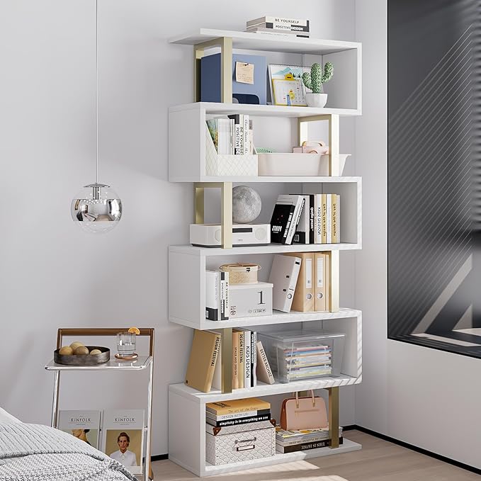 Bookshelf geometric bookcase S Shaped industrial bookshelf Storage Display Stand Shelf for Living Room Bedroom and office Room (White, 6 Tier) - LeafyLoom