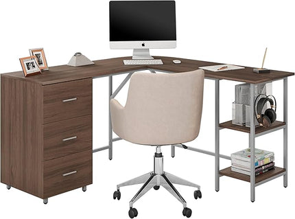 Techni Mobili L Shaped Desk - Two-Toned Computer Desk with Drawers & Storage Shelves - Simple Modern Furniture & Home Office Space Corner Table for Work & Writing - LeafyLoom