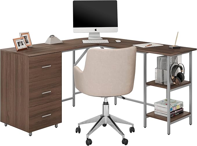 Techni Mobili L Shaped Desk - Two-Toned Computer Desk with Drawers & Storage Shelves - Simple Modern Furniture & Home Office Space Corner Table for Work & Writing - LeafyLoom