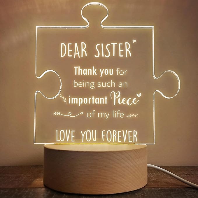 Sister Gifts | Gifts for Sister from Sister | Sister Birthday Gift Ideas | Sister Birthday Gift Ideas | Mothers Day Gifts for Sister | Wooden Puzzle Acrylic Night Light for Home Decor. - LeafyLoom