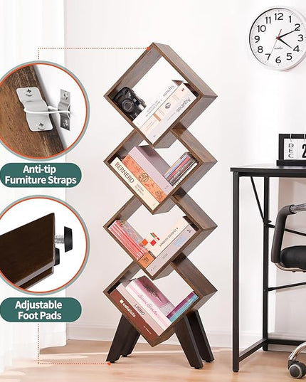 Yoobure Small Bookshelf, Tall 4-Tier Book Shelf, Wood Bookcase Book Organizer, Industrial Bookshelves Floor Standing for CDs/Books in Small Spaces, Bedroom, Living Room, Home Office - LeafyLoom
