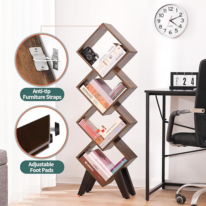 Yoobure Small Bookshelf, Tall 4-Tier Book Shelf, Wood Bookcase Book Organizer, Industrial Bookshelves Floor Standing for CDs/Books in Small Spaces, Bedroom, Living Room, Home Office - LeafyLoom