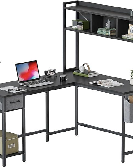 BANTI L Shaped Desk with Hutch, 58 inch Corner Computer Desk with Drawer,Home Office Gaming Table Workstation with Storage Bookshelf, Black - LeafyLoom