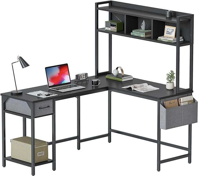 BANTI L Shaped Desk with Hutch, 58 inch Corner Computer Desk with Drawer,Home Office Gaming Table Workstation with Storage Bookshelf, Black - LeafyLoom