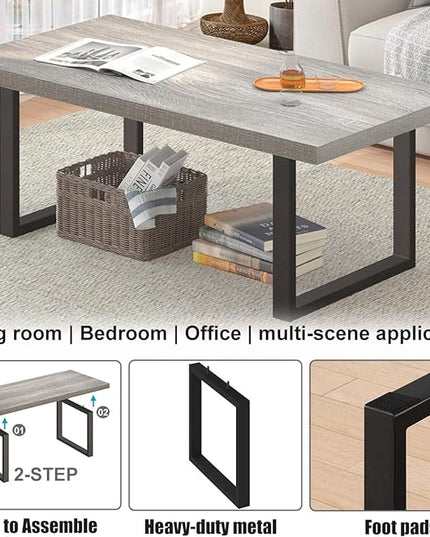 IBF Grey Coffee Table, Wood Metal Coffee Table for Living Room, Farmhouse Minimalist Rustic Center Table, Industrial Simple Rectangle Wooden Cocktail Tea Table for Bedroom, Light Grey Oak, 47 Inch - LeafyLoom