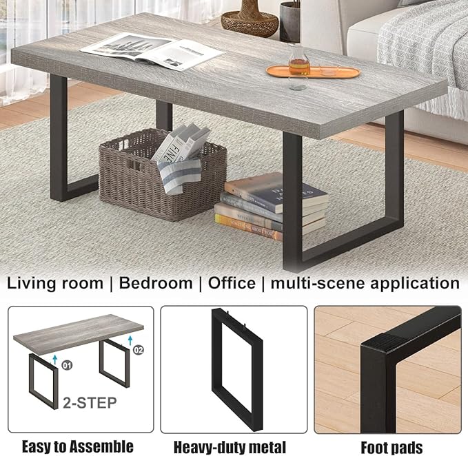 IBF Grey Coffee Table, Wood Metal Coffee Table for Living Room, Farmhouse Minimalist Rustic Center Table, Industrial Simple Rectangle Wooden Cocktail Tea Table for Bedroom, Light Grey Oak, 47 Inch - LeafyLoom