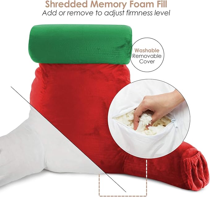 Clara Clark Reading Pillow, Large Back Pillow for Sitting Up in Bed, Memory Foam Back Support Pillow, Reading Pillows for Sitting in Bed Adult Holiday Color Sit Up Pillow for Bed with Arms and Pockets - LeafyLoom