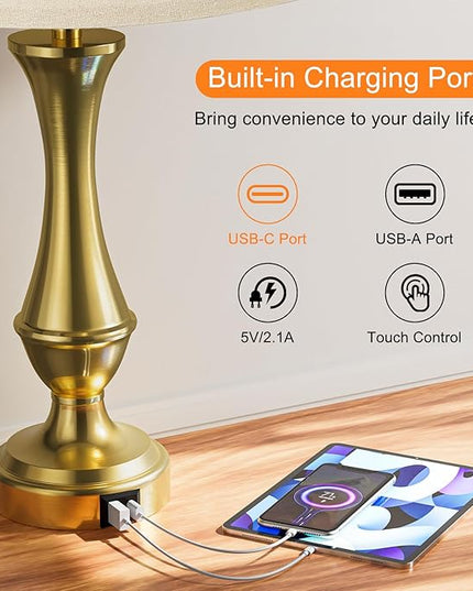 Touch Lamps for Bedrooms Set of 2 - Nightstand Table Lamp with USB C+A, 3 Way Dimmable Bedside Lamps for Living Room End Tables Set of 2, Farmhouse Night Stand Lamps(Brown&Gold) - LeafyLoom