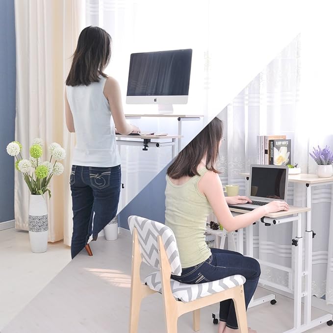 soges Mobile Standing DeskAdjustable Height, Roling Sit-Stand Desk, Small Standing Computer Desk Workstation on Wheels, Sit Stand Up Desk for Home Office, White Maple - LeafyLoom