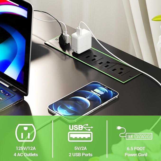 Unikito L Shaped Desk, Reversible Corner Computer Desk with Magic Power Outlets and Smart LED Light, Unique Grid Design, 55 Inch Office Desk with Monitor Stand and Storage Shelf, Black - LeafyLoom