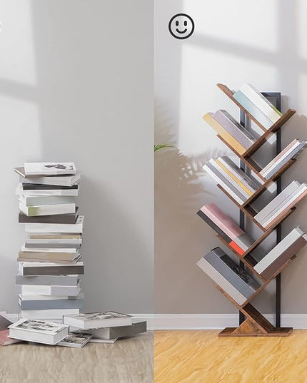 HOOBRO Tree Bookshelf, 9-Tier Bookcase Wooden Shelves, Floor Standing Storage Rack, for Display of CDs, Books in Living Room, Home Office, Wood Storage Rack for Bedroom, Rustic Brown BF08SJ01G1 - LeafyLoom