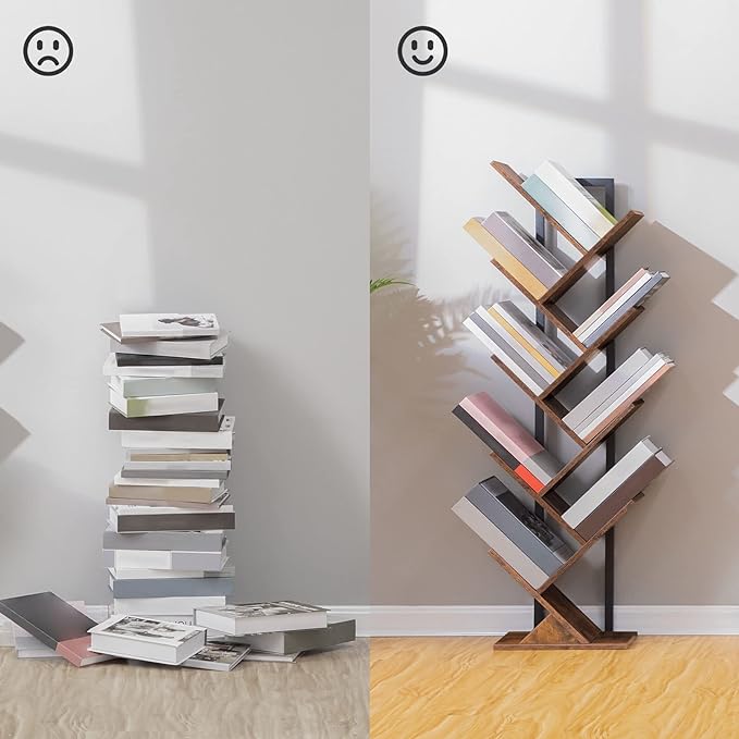 HOOBRO Tree Bookshelf, 9-Tier Bookcase Wooden Shelves, Floor Standing Storage Rack, for Display of CDs, Books in Living Room, Home Office, Wood Storage Rack for Bedroom, Rustic Brown BF08SJ01G1 - LeafyLoom