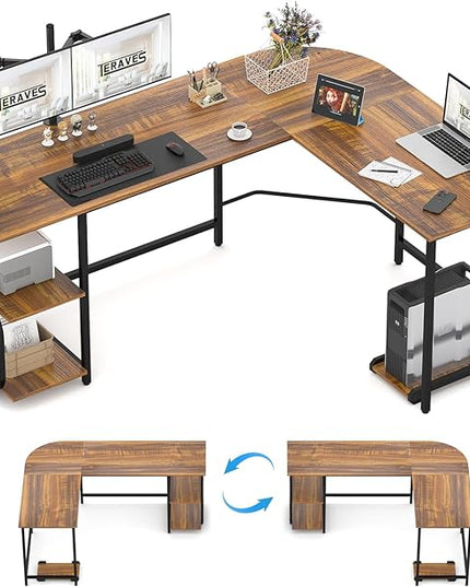 Teraves Reversible L Shaped Desk with Large Surface, 61 Inch Sturdy Corner Desk with Storage Shelves, Premium Office Computer Desk Workstation for Home Office Gaming, Teak - LeafyLoom