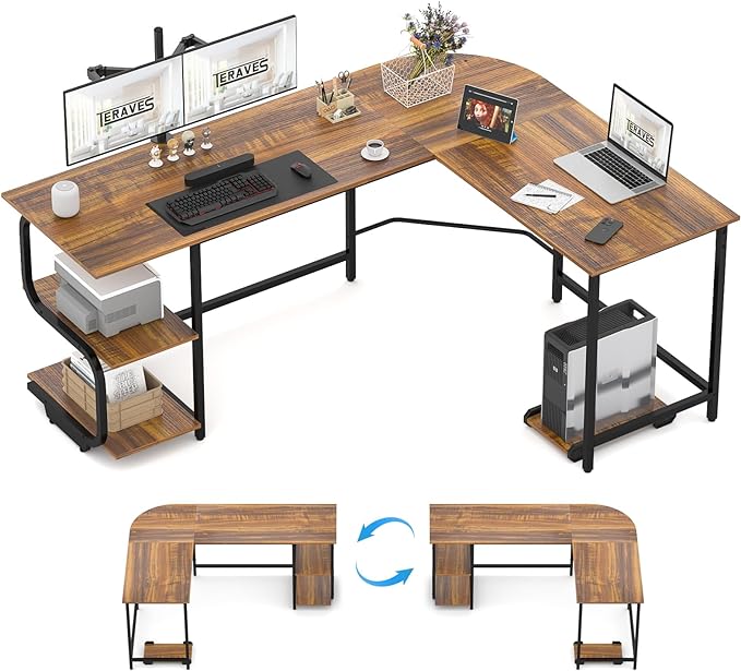 Teraves Reversible L Shaped Desk with Large Surface, 61 Inch Sturdy Corner Desk with Storage Shelves, Premium Office Computer Desk Workstation for Home Office Gaming, Teak - LeafyLoom