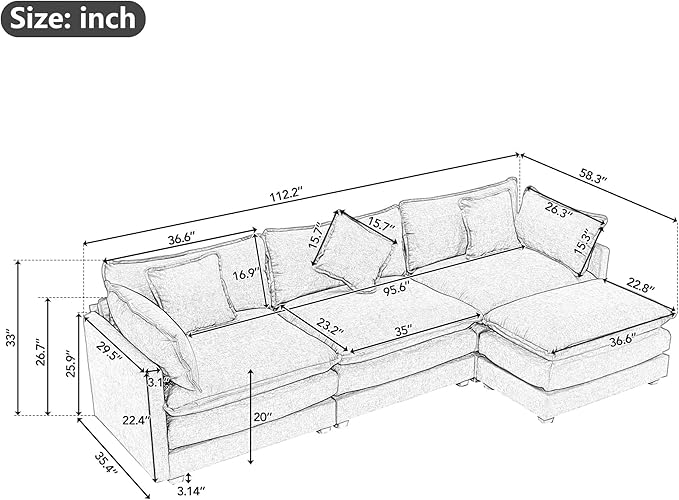 112.2" L-Shape Chenille Upholstered Sofa, Modern Luxury Couch with Movable Ottoman adn 5 Pillows, for Living Room, Apartment, 112.2 Inch, Gray - LeafyLoom