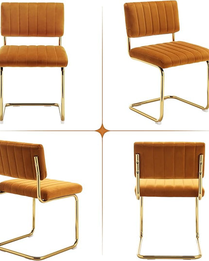 ONEVOG Orange Velvet Dining Chairs Set of 2, Upholstered Kitchen Dining Room Chair, Comfy Dinner Chair with Gold Metal Legs, Cantilevered Design Chair for Bedroom, Living Room - LeafyLoom