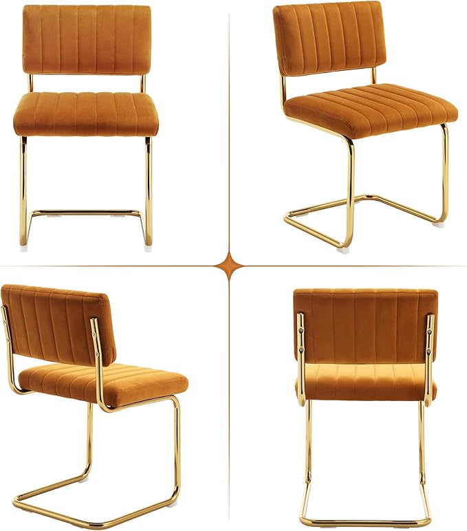 ONEVOG Orange Velvet Dining Chairs Set of 2, Upholstered Kitchen Dining Room Chair, Comfy Dinner Chair with Gold Metal Legs, Cantilevered Design Chair for Bedroom, Living Room - LeafyLoom