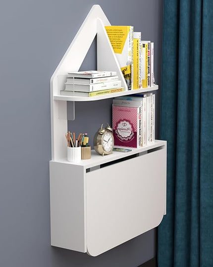 Wall Mounted Drop-Leaf Table, Floating Laptop Desk, Folding Table with Shelves, Multifunctional Computer Workstation Storage Compartments in Home Office for Space Saving (White) - LeafyLoom