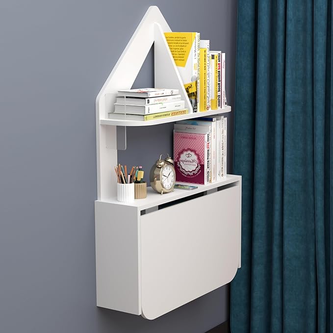 Wall Mounted Drop-Leaf Table, Floating Laptop Desk, Folding Table with Shelves, Multifunctional Computer Workstation Storage Compartments in Home Office for Space Saving (White) - LeafyLoom