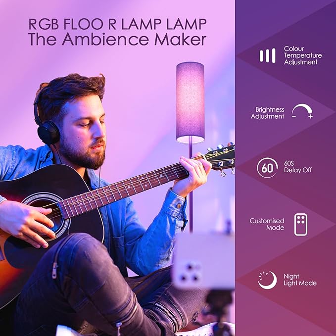 Floor Lamps for Living Room, Modern Floor Lamp with RGB LEDs Bulb,Dimmable Floor Lamp with App Control & Remote Control,Tall Reading Lamp for Bedroom, Living Room, Office,Gray Lampshade - LeafyLoom