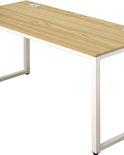SHW Home Office 55-Inch Large Computer Desk, 24" Deep, White Frame with Oak Top - LeafyLoom