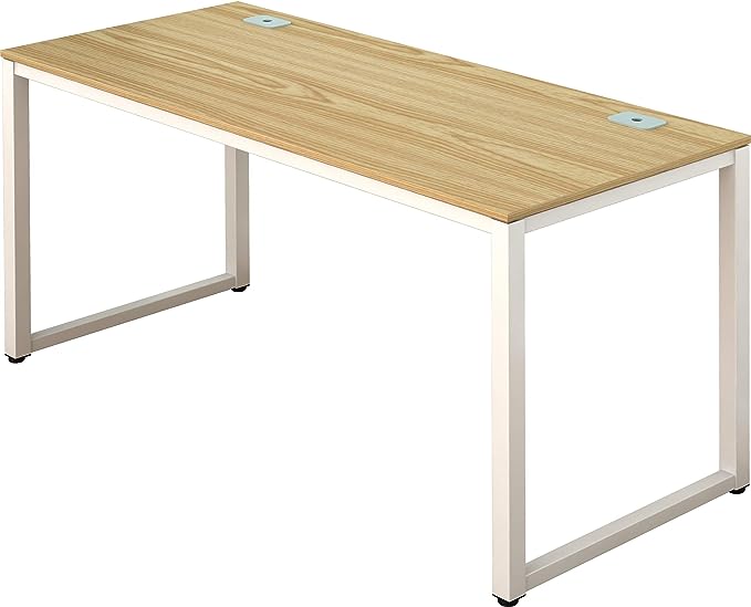 SHW Home Office 55-Inch Large Computer Desk, 24" Deep, White Frame with Oak Top - LeafyLoom