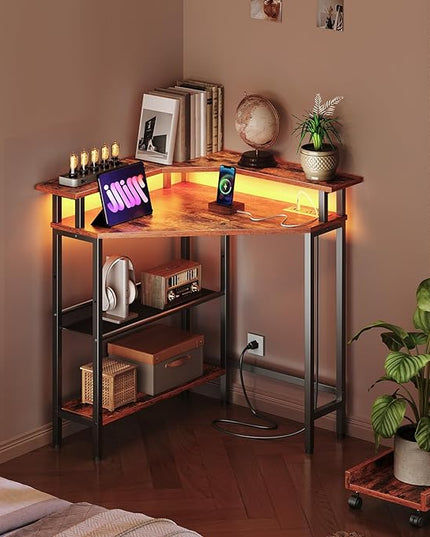HOOBRO Corner Desk, Gaming Table with Charging Station and LED Strip, 90° Corner Computer Table, Mobile PC Holder, Adjustable Mesh Shelf, for Small Space/Home Office, Rustic Brown and Black BB70UDDN01 - LeafyLoom