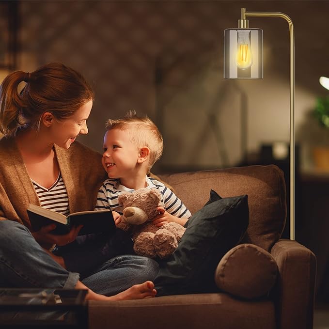 QiMH Industrial Floor Lamp for Living Room, Modern Standing Lamp with HD Glass Lampshade and Pedal Switch, 67” Tall Pole Light for Bedroom Study Room, Brushed Gold (2700K LED Bulb Included) - LeafyLoom