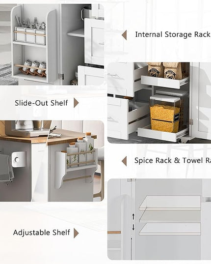 Kitchen Island with Storage, Spice Rack & Tower Rack, Mobile Rolling Kitchen-Cart on Wheels w/Rubber Wood Top, 3 Drawer, 2 Slide-Out Shelf and Internal Storage Rack - LeafyLoom