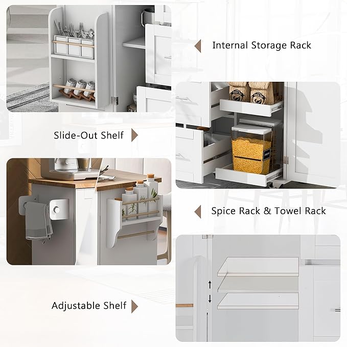 Kitchen Island with Storage, Spice Rack & Tower Rack, Mobile Rolling Kitchen-Cart on Wheels w/Rubber Wood Top, 3 Drawer, 2 Slide-Out Shelf and Internal Storage Rack - LeafyLoom