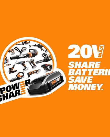 Worx 20V Cordless Leaf Blower WG545.1, Up to 120 MPH Air Speed, Long Nozzle Design for Narrow Spaces, Ideal for Indoor and Outdoor Cleaning, 9x Cleaning Attachments, Battery and Charger Included - LeafyLoom