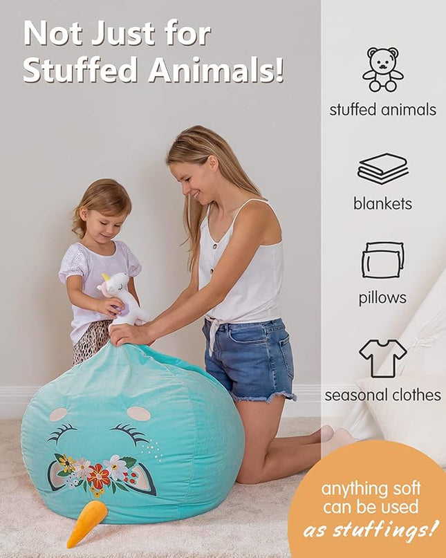 Aubliss Bean Bag Cover for Stuffed Animal Storage - Unicorn Bean Bag Velvet Cover (No Beans) - Large Stuff 'n Sit Organization for Kids Toy Storage (Large, Cyan) - LeafyLoom