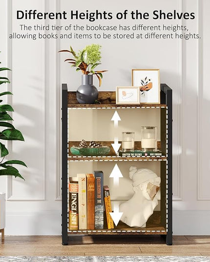 Book Shelf Small Bookshelf: 3-Tier Wood Bookcase Industrial Bookshelf with Edge Protection Metal Narrow Bookshelves Storage Organizer Display Rack for Bedroom Home Office (Rustic Brown) - LeafyLoom
