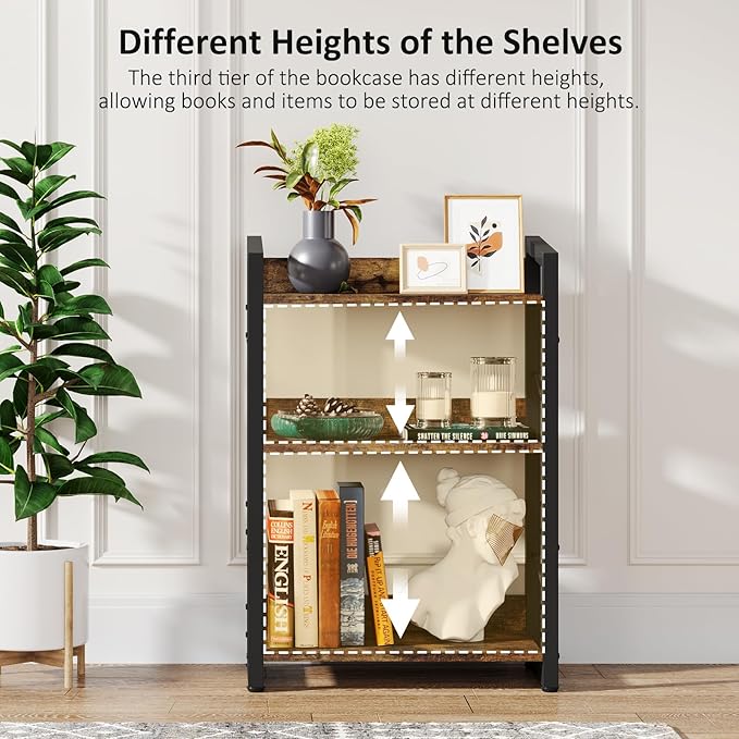 Book Shelf Small Bookshelf: 3-Tier Wood Bookcase Industrial Bookshelf with Edge Protection Metal Narrow Bookshelves Storage Organizer Display Rack for Bedroom Home Office (Rustic Brown) - LeafyLoom