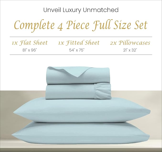 100 Percent Egyptian Cotton Sheets - Full Size 4 Piece Sheet Set 1000 Thread Count Breathable & Cool Sheets - Hotel Luxury Bed Sheets - Fits Upto 18" Deep Pocket, Easy-Fit - Aqua Blue Full Bed Sheets - LeafyLoom